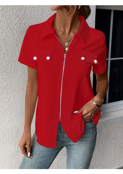 Kadın Kısa Kollu Ceket Yaka Önü Fermuarlı Cep Detay Kısa Kol Ithal Krep Bluz