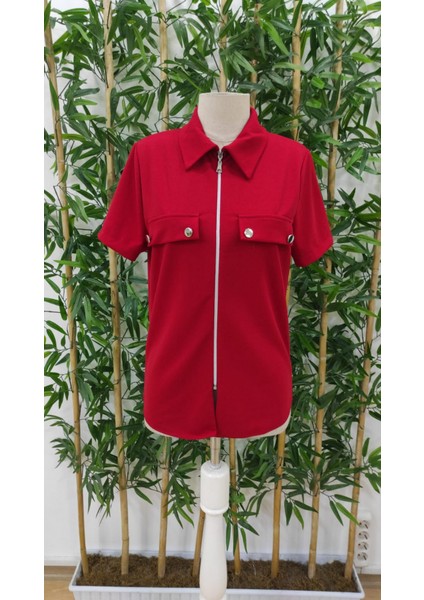 Kadın Kısa Kollu Ceket Yaka Önü Fermuarlı Cep Detay Kısa Kol Ithal Krep Bluz fırsatları