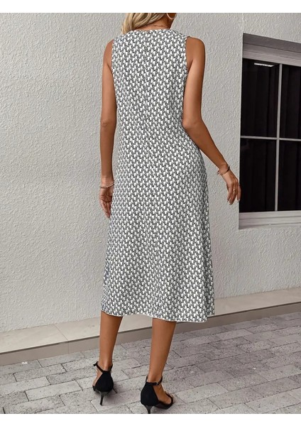Kadın Sıfır Kol Bisiklet Yaka Desenli Midi Boy Sandy Elbise modelleri