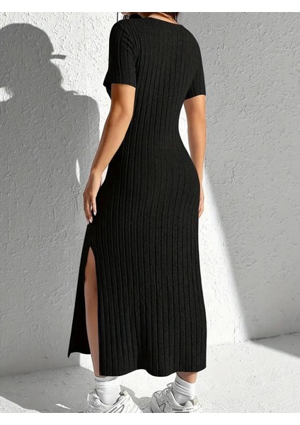 Kadın Kısa Kollu Bisiklet Yaka Yırtmaç Detay Fitilli Kaşkorse Tam Boy Elbise modelleri