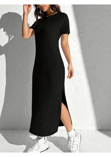 Kadın Kısa Kollu Bisiklet Yaka Yırtmaç Detay Fitilli Kaşkorse Tam Boy Elbise fırsatları