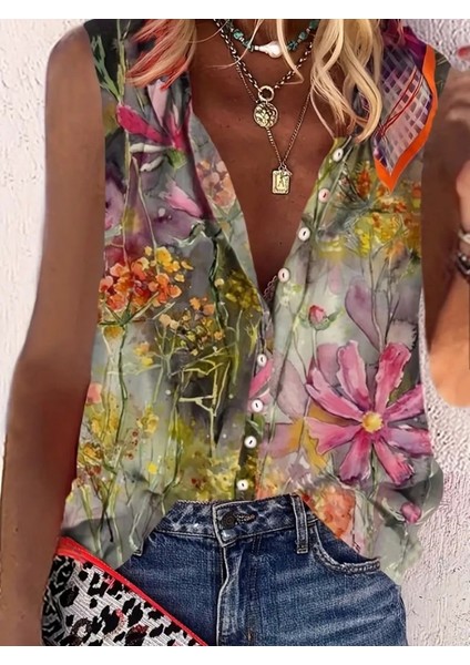 Kadın Sıfır Kol V Yakalı Önden Düğmeli Dokuma Çiçek Desen Baskılı Gömlek