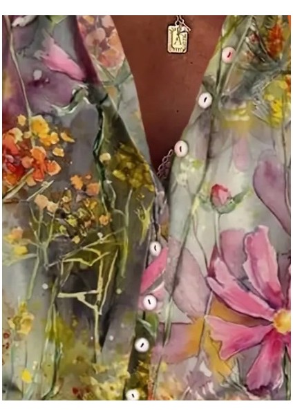 Kadın Sıfır Kol V Yakalı Önden Düğmeli Dokuma Çiçek Desen Baskılı Gömlek fiyatları