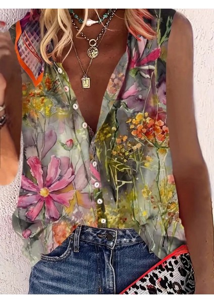 Kadın Sıfır Kol V Yakalı Önden Düğmeli Dokuma Çiçek Desen Baskılı Gömlek modelleri