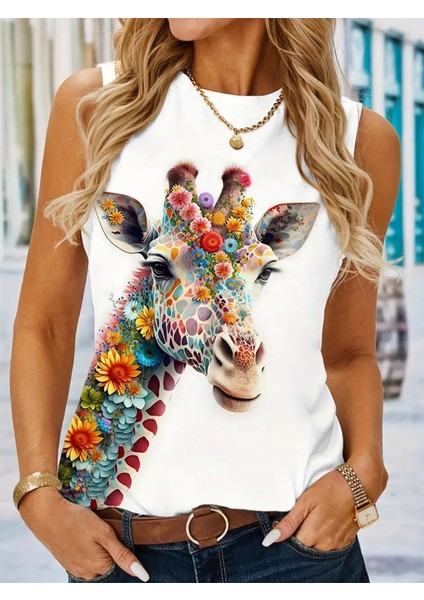 Kadın Bisiklet Yaka Sıfır Kol Renkli Zürafa Baskılı Süprem Bluz fiyatları