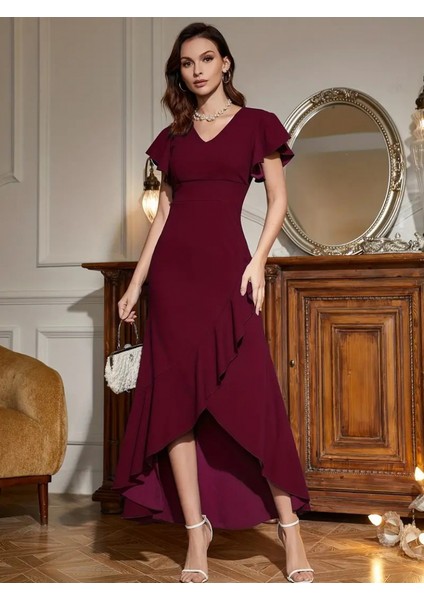 Kadın Kolları Ve Eteği Volanlı Ithal Krep Elbise