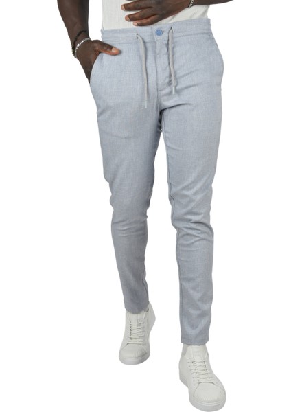 Kendinden Desenli Beli Bağcıklı Slim Fit Keten Kumaş Spor Pantolon 2400740