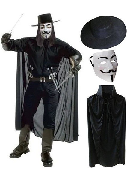 V For Vendetta Maskesi Şapkası ve Pelerin Kostüm Seti Yetişkin Boy (Lisinya)