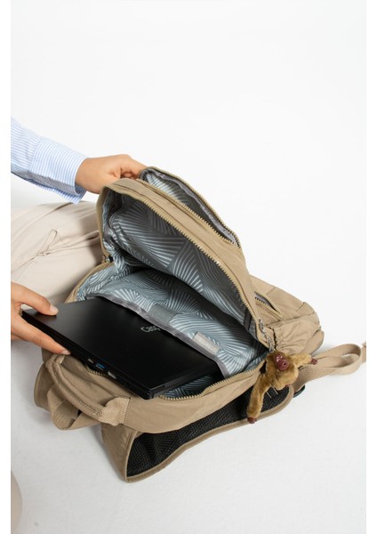Unisex Suya Dayanıklı Kumaş Laptop Bölmeli 3 Gözlü Bej Renk Okul Seyahat Sırt Çantası