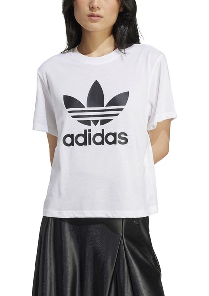 Kadın Beyaz Yuvarlak Yaka Normal Kalıp T-Shirt IN8441 Trfl Tee Boxy modelleri