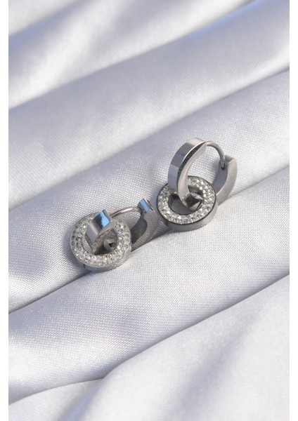 Mulvxxmd XDN02 Çelik Renk Zirkon Taşlı Iç Içe Geçmeli Oval Küpe (Mulvix)