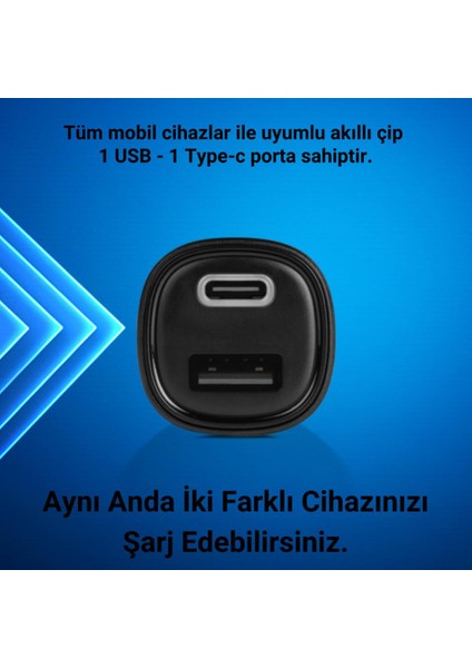 Şarj Akım Korumalı 15.5W Usb-C+Usb Girişli Araç Çakmaklık Şarjı Tüm Araçlarla Uyumlu Araç Şarj Başlık