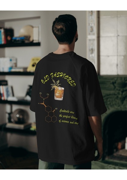 Old Fashioned Kokteyl Tasarım Relaxed Fit Erkek Ön-Arka Baskılı Tişört