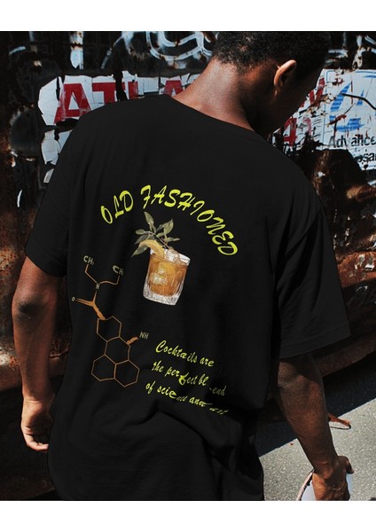Old Fashioned Kokteyl Tasarım Relaxed Fit Erkek Ön-Arka Baskılı Tişört