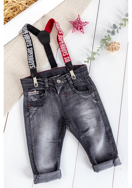 Denim Kumaş Askılı Erkek Bebek Kot Pantolon