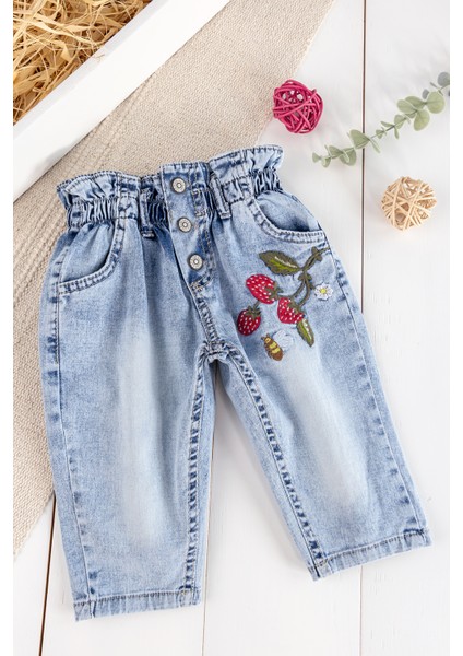 Çilek Nakışlı Denim Kumaşlı Beli Lastikli Kız Bebek Kot Pantolon