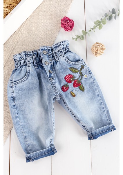 Çilek Nakışlı Denim Kumaşlı Beli Lastikli Kız Bebek Kot Pantolon fiyatları