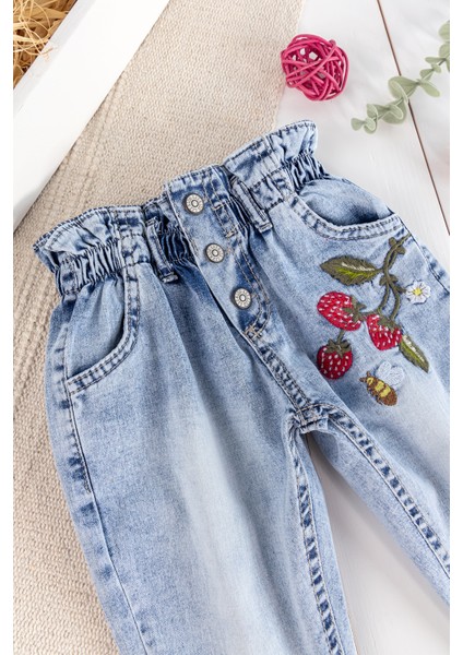 Çilek Nakışlı Denim Kumaşlı Beli Lastikli Kız Bebek Kot Pantolon modelleri