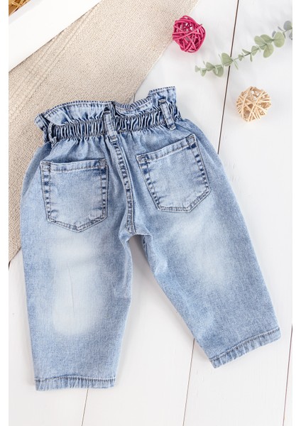 Çilek Nakışlı Denim Kumaşlı Beli Lastikli Kız Bebek Kot Pantolon fırsatları