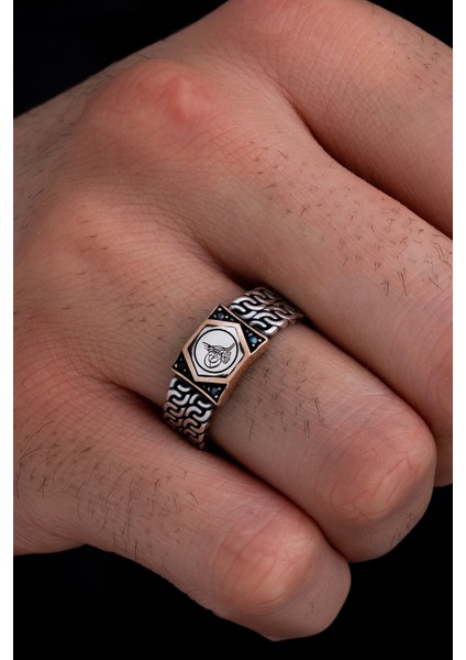 Erkek Gümüş Yüzük - Osmanlı Tuğrası Siyah Taşlı Gümüş Erkek Yüzüğü