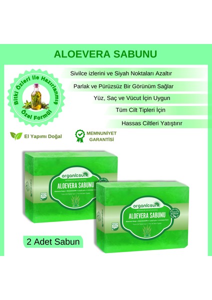 Doğal Aloe Vera Sabunu 140 gr x 2 Adet Tüm Cilt Tipleri Için Yatıştırıcı ve Canlandırıcı Etkili