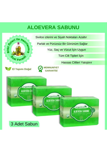 Doğal Aloe Vera Sabunu 140 gr x 3 Adet Tüm Cilt Tipleri Için Yatıştırıcı ve Canlandırıcı Etkili