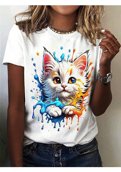 Alinn Butikk Kadın Kedi Baskılı Bisiklet Yaka Süprem T-Shirt