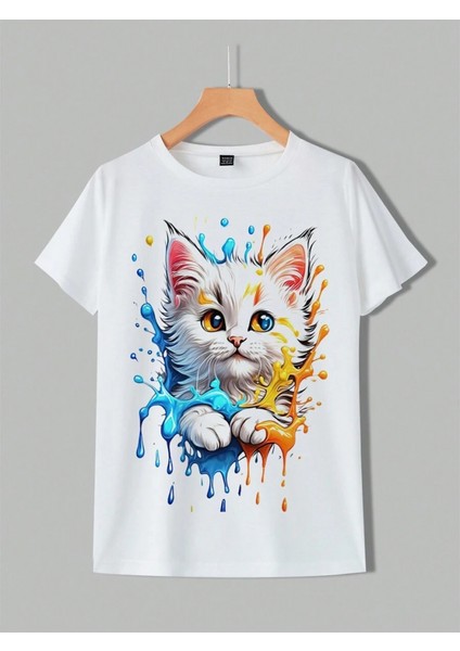 Alinn Butikk Kadın Kedi Baskılı Bisiklet Yaka Süprem T-Shirt