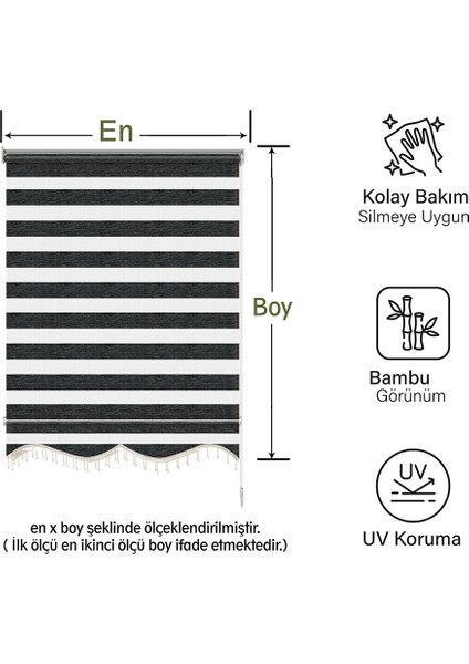 Soft Bamboo Siyah Gri Kırçıllı Zebra Perde ( Etek Boncuklu )