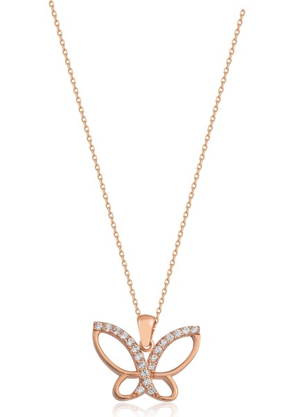 Kadın Orjinal 925 Ayar Gümüş Zirkon Taşlı Kelebek Model Kolye