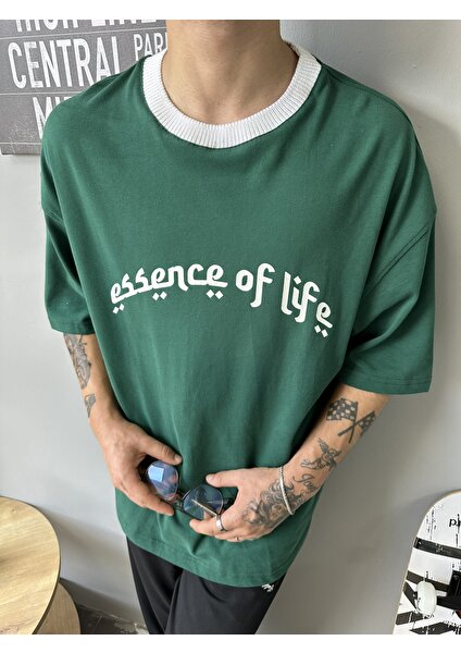 Essence Of Life Ön Yazılı Oversize T-Shirt  Yeşil