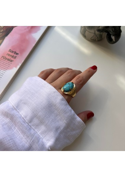 Çelik Vintage Oval Firuze Yüzük