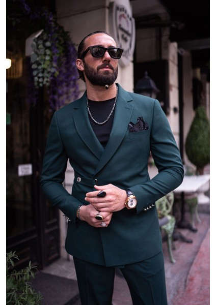 Tek Yaka Düğme Detay Slim Fit Takım Elbise Yeşil