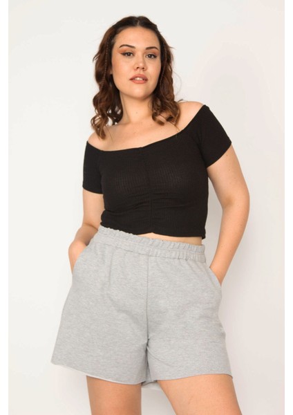 Kadın Gri Beli Lastikli Yan Cepli Şort 65N33176