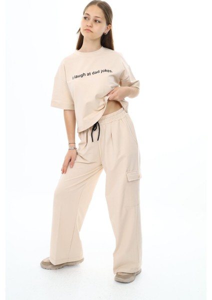 Kız Çocuk %100 Pamuk Oversize Kargo Cepli Yarım Kol Alt-Üst Eşofman TAKIM-AÜT-0017