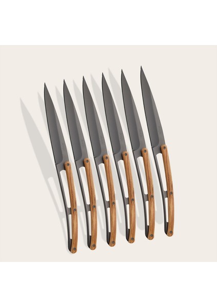 6 Deejo Steak Knives Serrated, Olive Wood