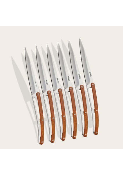 6 Deejo Steak Knives Serrated, Coral Wood