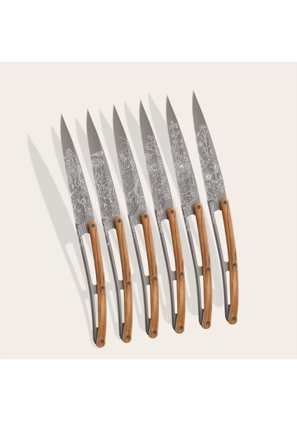 6 Deejo Steak Knives, Olive Wood / Blossom