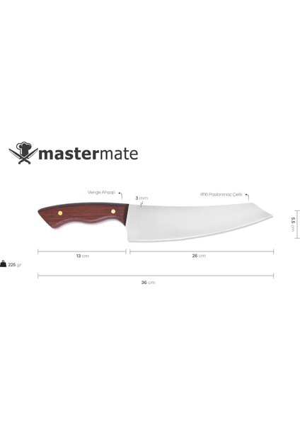 Mastermate Knives 36 cm Şef Bıçağı - Paslanmaz Çelik ve Venge Ahşaptan El Yapımı Yerli Üretim - Japon Stili Profesyonel Bıçak - Isim Yazılabilir