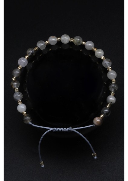 Rutilli Kuvars Doğal Taş Makrome Örme Bileklik Küre Kesim