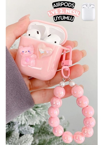 Air Pods 1. ve 2.nesil Uyumlu 3D Pembe Ayıcık Figürlü Kılıf Koruma