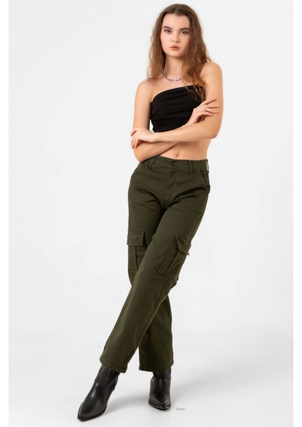 Pamuklu Esnek Kumaş Palazzo Wide Leg Yüksek Bel Kadın Kargo Cep Pantolon @floransa fiyatları