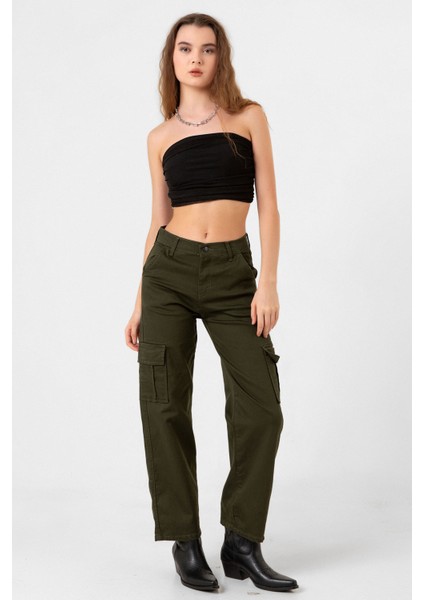 Pamuklu Esnek Kumaş Palazzo Wide Leg Yüksek Bel Kadın Kargo Cep Pantolon @floransa fırsatları