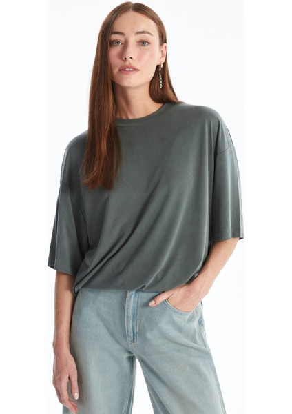 Pau - Modal Kumaş Düz Oversize T-Shirt - Haki