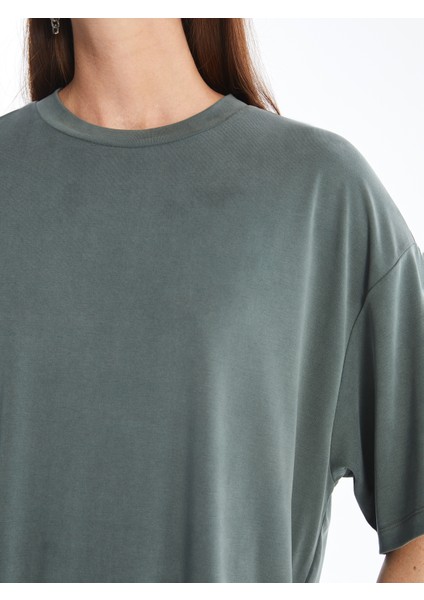 Pau - Modal Kumaş Düz Oversize T-Shirt - Haki