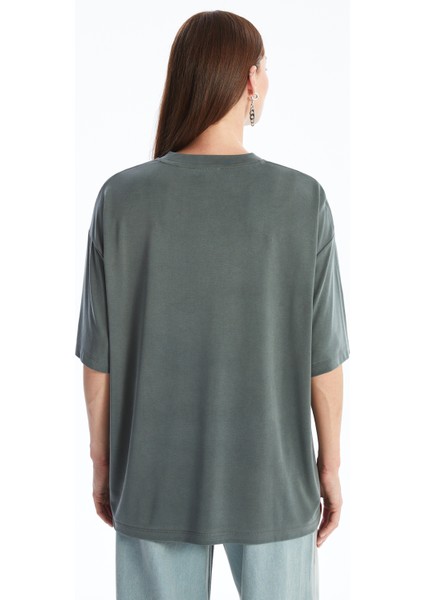 Pau - Modal Kumaş Düz Oversize T-Shirt - Haki