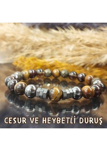 Erkek Bileklik Kariyer Cesaret Sevgi Bolluk (Pirit, Lal Granat, Dumanlı Kuvars, Kaplan Gözü ve Hematit) Gizemli Doğaltaş