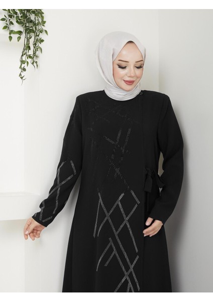 Hülya Kadın Yeni Sezon Yandan Bağlamalı Taşlı Abiye Ferace