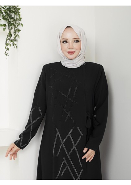 Hülya Kadın Yeni Sezon Yandan Bağlamalı Taşlı Abiye Ferace