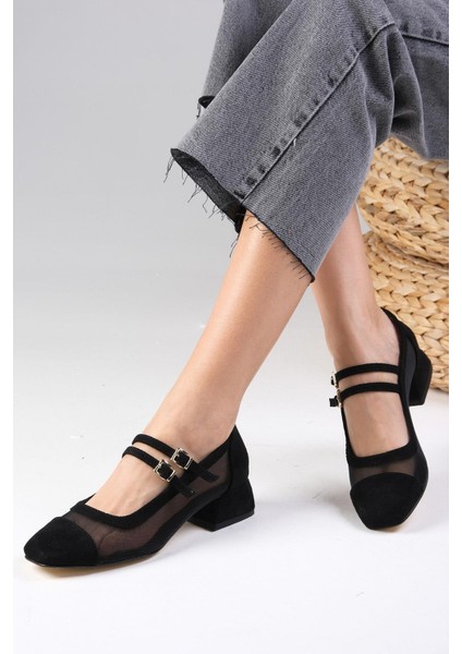 Isabel Siyah Renk Süet Küt Burunlu File Detaylı Kadın Kısa Topuklu Ayakkabı